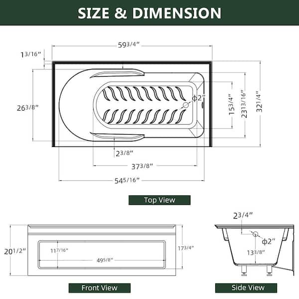 Zeafive Sez 60 in. x 32 in. Alcove/Apron Front Soaking Bathtub