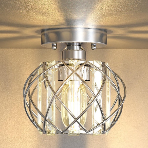 7 in. 1-Light Brushed Nickle Grid Crystal Semi Flush Mount Ceiling Light, E26 Modern Chandelier for Hallway, Entry,