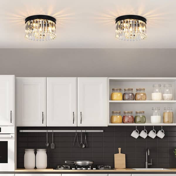 12 in. 3-Light Modern Black Round Flush Mount Ceiling Light with 2 Tiers Clear Crystal Shades