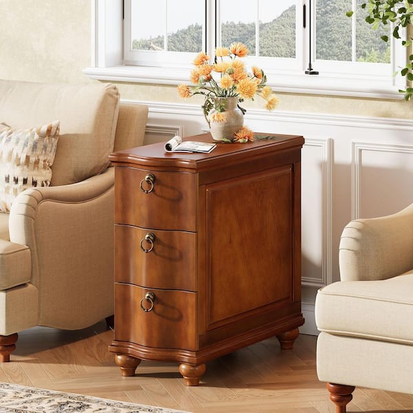 Kerlin 23.62" in. W Walnut Brown Fully Assembled Rectangle Wood End Slim Side Bedside 3-Drawers Nightstand Living Room