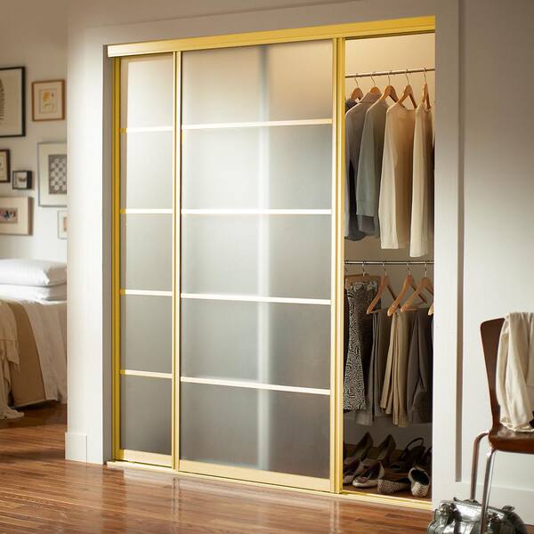 Contractors Wardrobe 96 In X Silhouette 5 Lite Bright Gold Aluminum Frame Mystique Glass Interior Sliding Closet Door Finish, Cost To Install Sliding Closet Doors