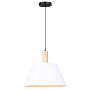 Harlyn 60-Watt 1 Light Matte Black, Matte White, and Real Wood Modern Rustic Pendant Light with White Metal Shade