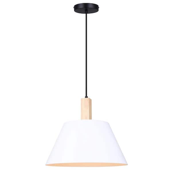 CANARM Harlyn 60-Watt 1 Light Matte Black, Matte White, and Real Wood Modern Rustic Pendant Light with White Metal Shade