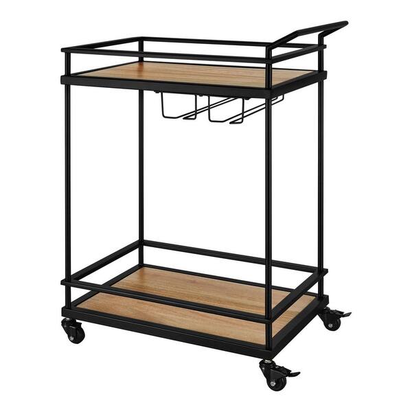 StyleWell Black Metal Bar Cart with Natural Wood Shelves (26