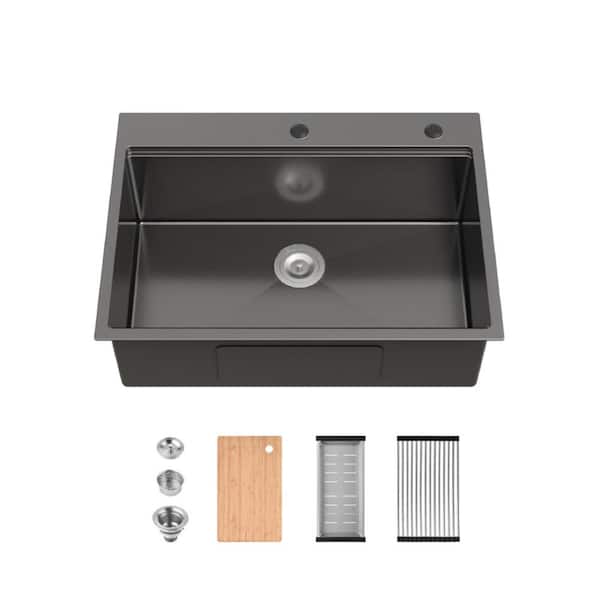30 in. Drop-In Single Bowl 20 Gauge Black Stainless Steel Kitchen Sink with Drain and Hook
