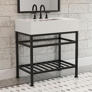Manchester Cultured Carrera Marble White Console Sink and Leg Combo in Matte Black