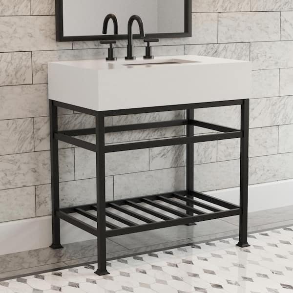 PELHAM & WHITE Manchester Cultured Carrera Marble White Console Sink and Leg Combo in Matte Black