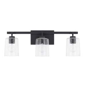 24.5 in. W x 9 in. H x 6 in. E 3-Light Clear Seeded Glass Vanity Light in Matte Black