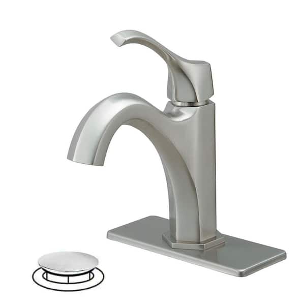 HOMEMYSTIQUE Single Handle Single Hole Bathroom Faucet with Drain Kit Included and Adjustable Flow Rate in Brushed Nickel