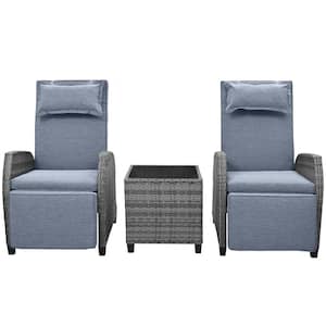 3-Piece Wicker Rattan Outdoor Patio Conversation Set with Coffee Table and Gray Cushions