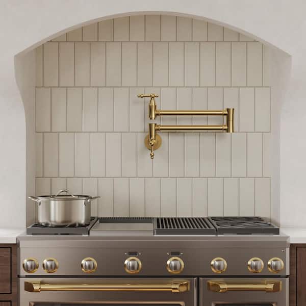 Modern 26 in. Wall-Mount Double-Handle Kitchen Pot Filler Faucet w/ Vibrant Dual Swing Arms Spot Resist in Brushed Gold