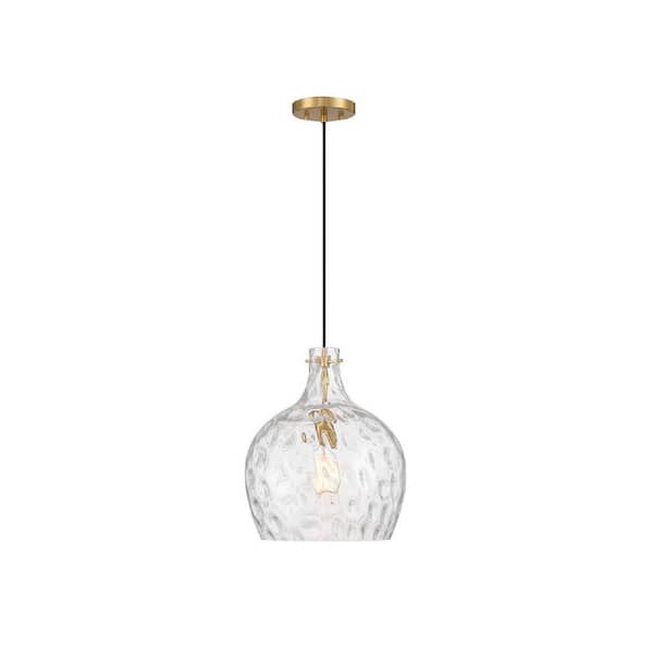 Meridian 12.75 in. W x 15 in. H 1-Light Natural Brass Coastal Pendant Light with Hammered Glass Shade, No Bulb Included
