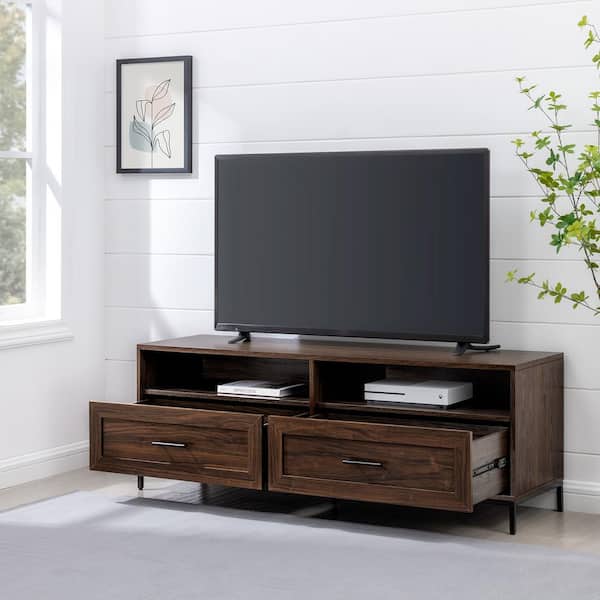 Welwick Designs 58 in. W Walnut Solid Wood TV Stand with Cutout Cabinet Handles (Max TV Size 65 in.)
