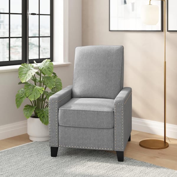 Taylor + Logan 27 in. W Gray Upholstered Transitional Style Pillow Back Recliner with Accent Nail Trim and Pushback Recline, Light Gray