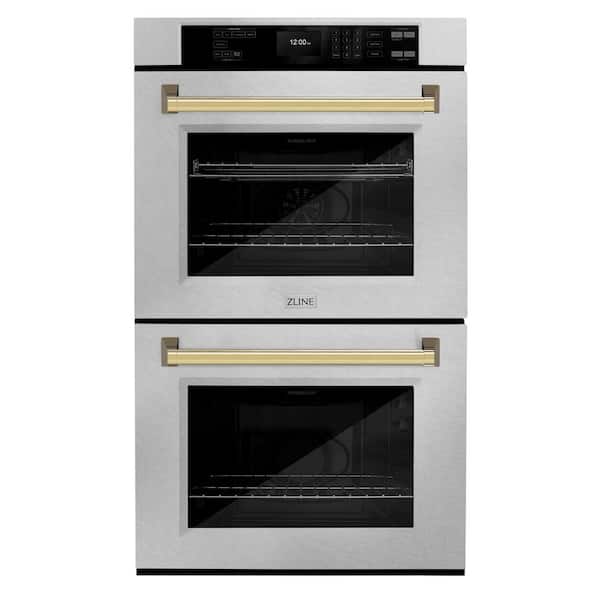 ZLINE Kitchen and Bath 30 in. Autograph True Convection Double Wall Oven with Air Fry and Self Clean in Satin Steel with Gold Handles
