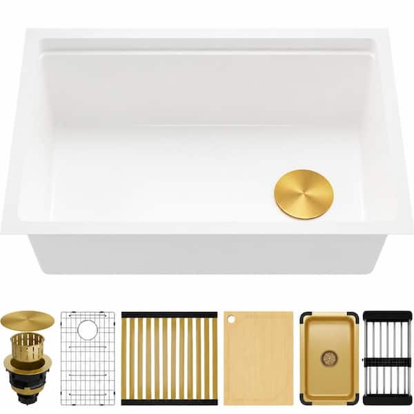 27 in. Dual Mount Single Bowl White Granite Composite Workstation Sink with Offset Drain and Accessories