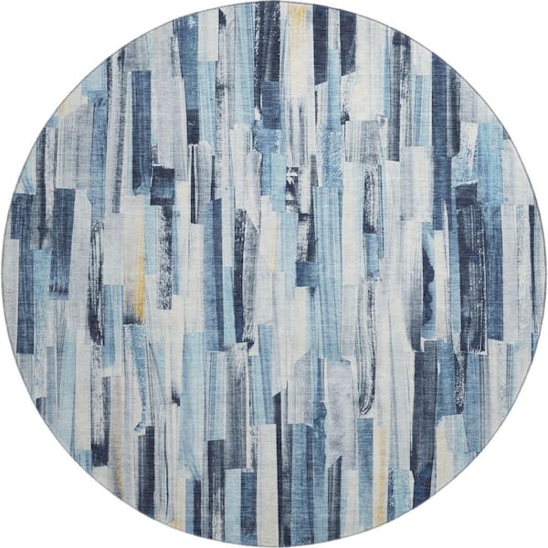 Mayfield Premium Machine Washable Abstract AMF2255 Denim 8 ft. x 8 ft. Round Rug