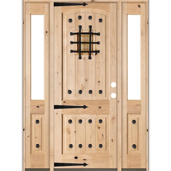 Krosswood Doors 76 in. x 96 in. Mediterranean Alder Arch Top Clear Low-E Unfinished Wood Left-Hand Prehung Front Door/Half Sidelites