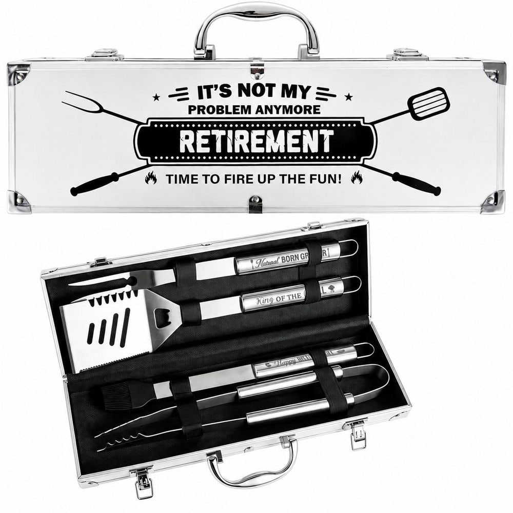 5 Piece Silver BBQ Grill Tools Set with Apron Stainless Steel Barbecue Accessories in Aluminum Case Retirement Gift