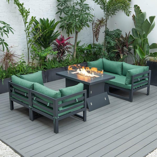 Leisuremod Chelsea Black 5-Piece Aluminum Sectional and Patio Fire Pit Set with Green Cushions