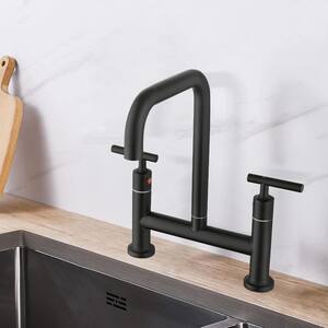 PLATO Double Handle Bridge Kitchen Faucet with 360° Rotating Nozzle in Matte Black