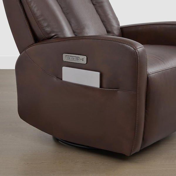 Hugo Cognac Genuine Leather Glider Swivel Power Recliner with Adjustable Headrest & Lumbar,Charging Ports,Storage Pocket