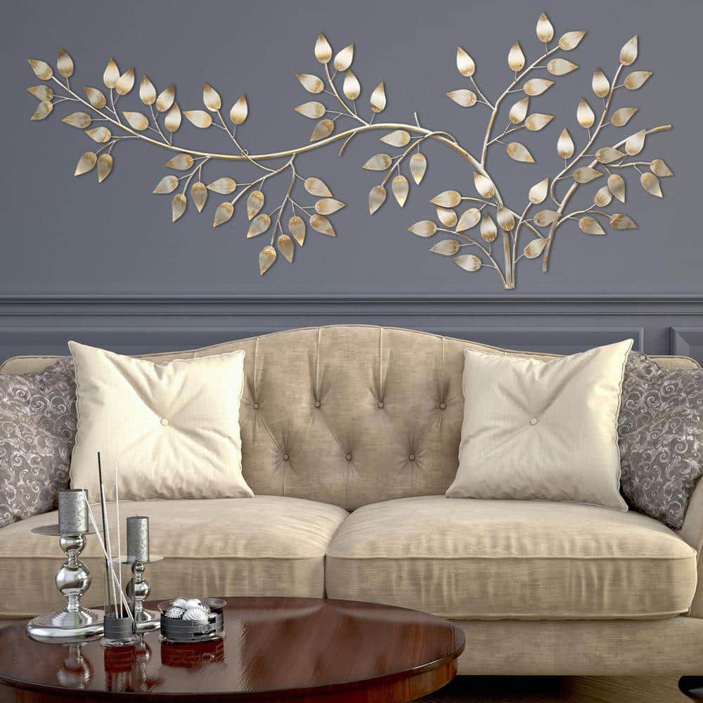 Set of 3 Gold Metal Contemporary Floral Wall Decor, 12 x 32
