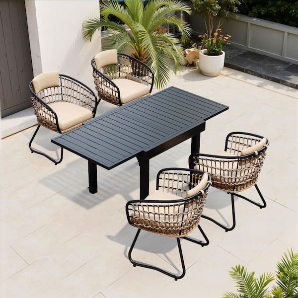 5-Piece Aluminum Patio Outdoor Dining Set, Extendable 31.5-63 in. Table, Wicker Chairs with Beige Cushions