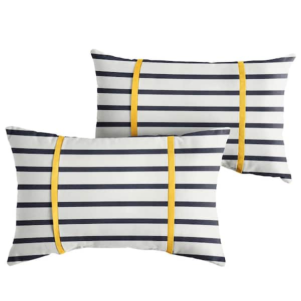 SORRA HOME Sunbrella Blue White Stripe with Sunflower Yellow Rectangular Outdoor Knife Edge Lumbar Pillows (2-Pack)