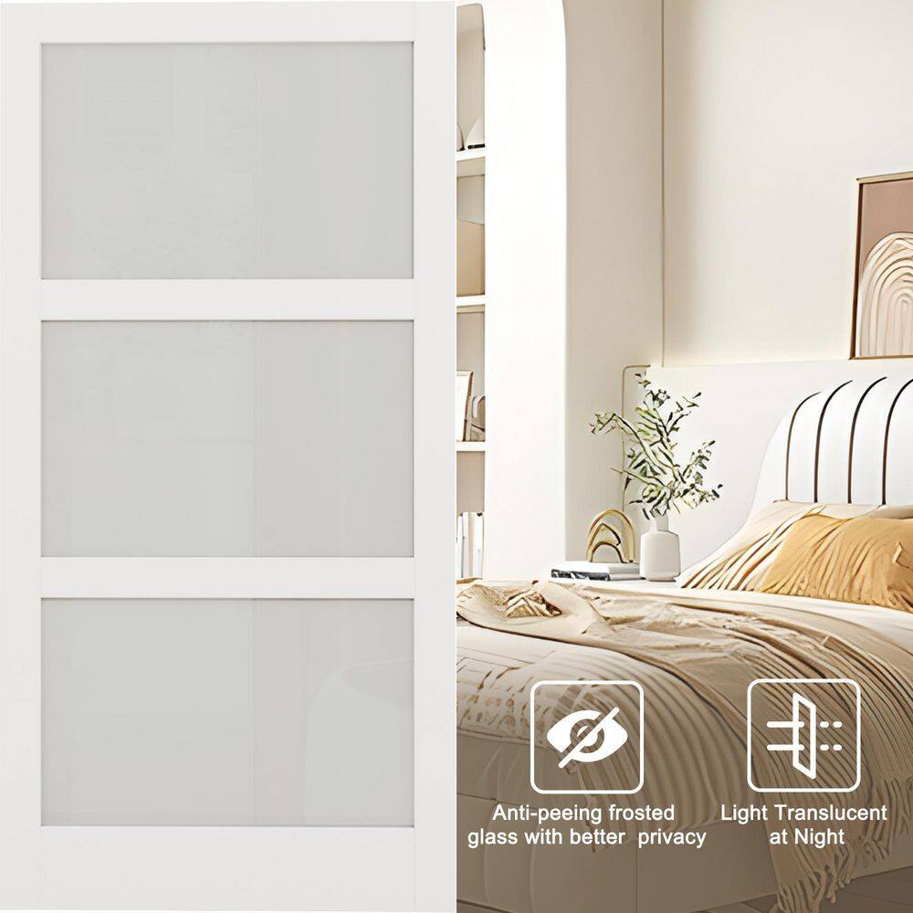 White Finished Composite MDF Sliding Barn Door with Frosted Glass Panels