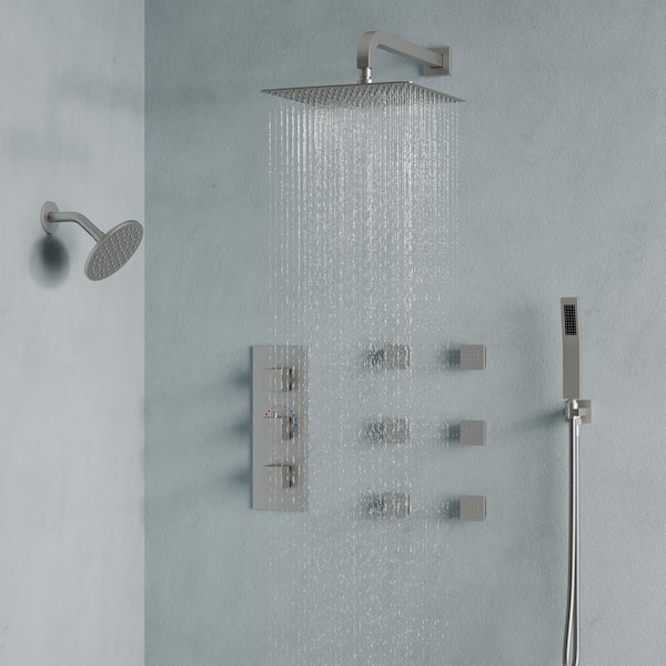 Triple Handles 8-Spray Patterns Wall Mount Handheld Shower Head 2.5 GPM in Brushed Nickel