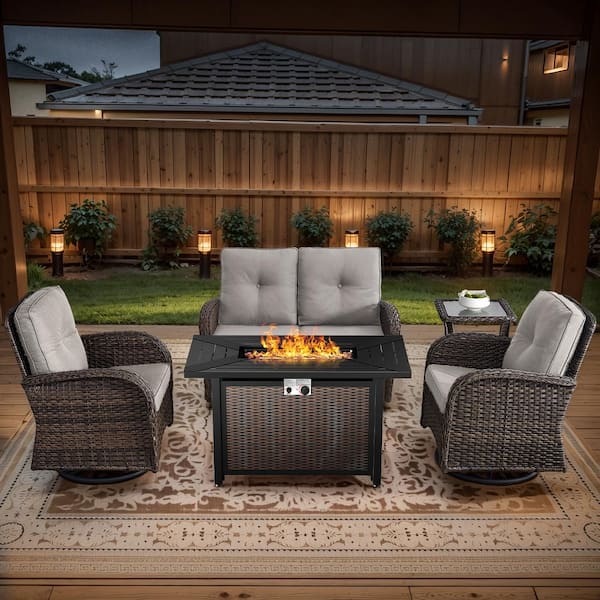 Opohoro Brown 5-Piece Wicker Patio Fire Pit Set, Outdoor Glider Seating Set with Olefin Beige Cushions and Swivel Rockers