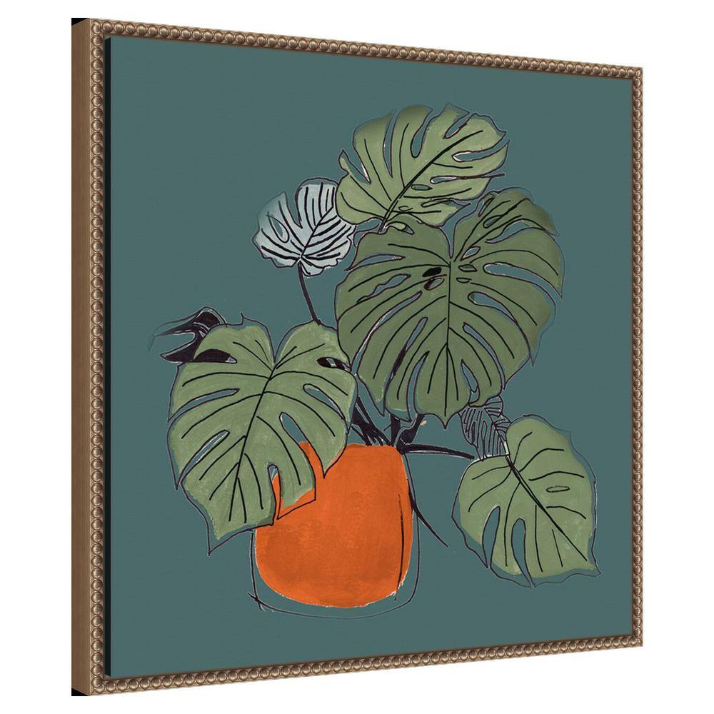 Retro Potted Plant on Teal Canvas Wall Art with Bronze Frame