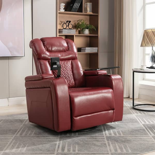 Merax Red Home Theater 270° Swivel PU Power Recliner with Tray Table, Phone Holder, Cup Holder, USB Port and Hidden Storage
