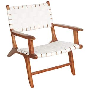 Leda Mid-Century Modern Style Teak Wood White Strap Leather Accent Arm Chair