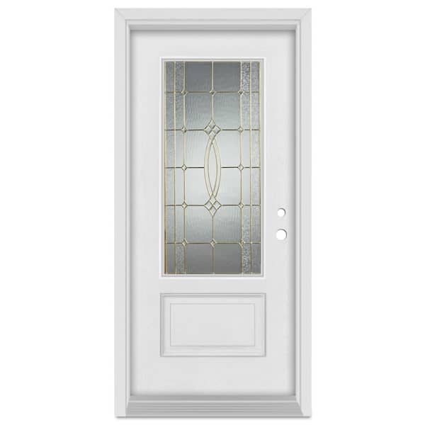 Stanley Doors 32 in. x 80 in. Diamanti Left-Hand Brass Finished Fiberglass Mahogany Woodgrain Prehung Front Door