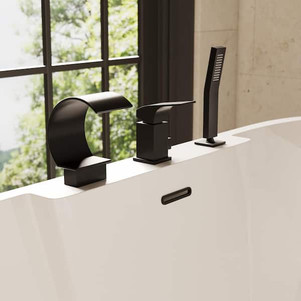 GRANDJOY Bathtub Faucet Single-Handle Deck Mount Roman Tub Faucet with Handheld in Matte Black Valve Included