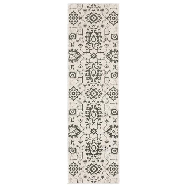 AVERLEY HOME Imperial Ivory/Gray 2 ft. x 8 ft. Borderless Oriental Floral Persian-Inspired Polyester Indoor Runner Area Rug