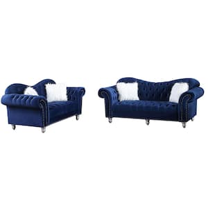 Luxury Classic 2 Piece America Chesterfield Tufted Camel Back Armchair Sofa Set Loveseat and Sofa in Blue