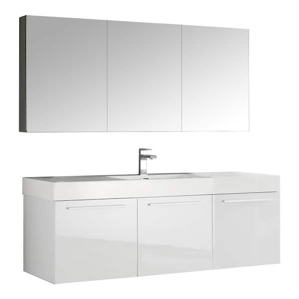 Fresca Vista 59 in. Vanity in White with Acrylic Vanity Top in White with White Basin and Mirrored Medicine Cabinet