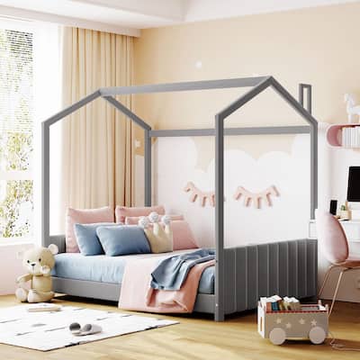 Gray Wood Frame Full Size Upholstered Platform Bed