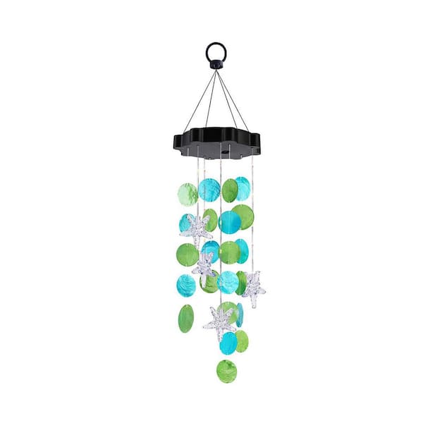 27.8 in. Natural Seashells Solar Outdoor Decorative Wind Chime with Starfish Waterproof Blue Green Light