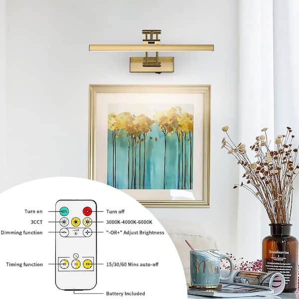 Brass 16 in. LED Picture Light with Remote Control Dimmable and Swivel