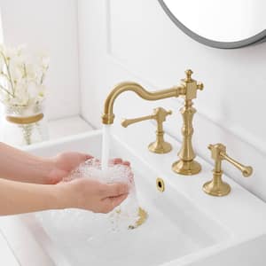 8 in. Widespread Double Handle 3 Hole Bathroom Faucet Water-Saving With Metal Drain In Brushed Gold