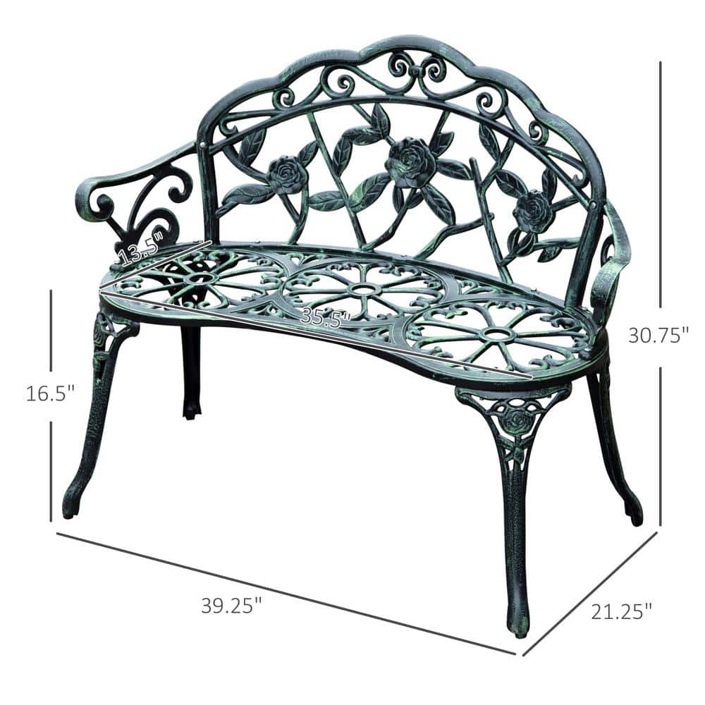 Antique Green Cast Aluminum Outdoor Bench with Floral Design