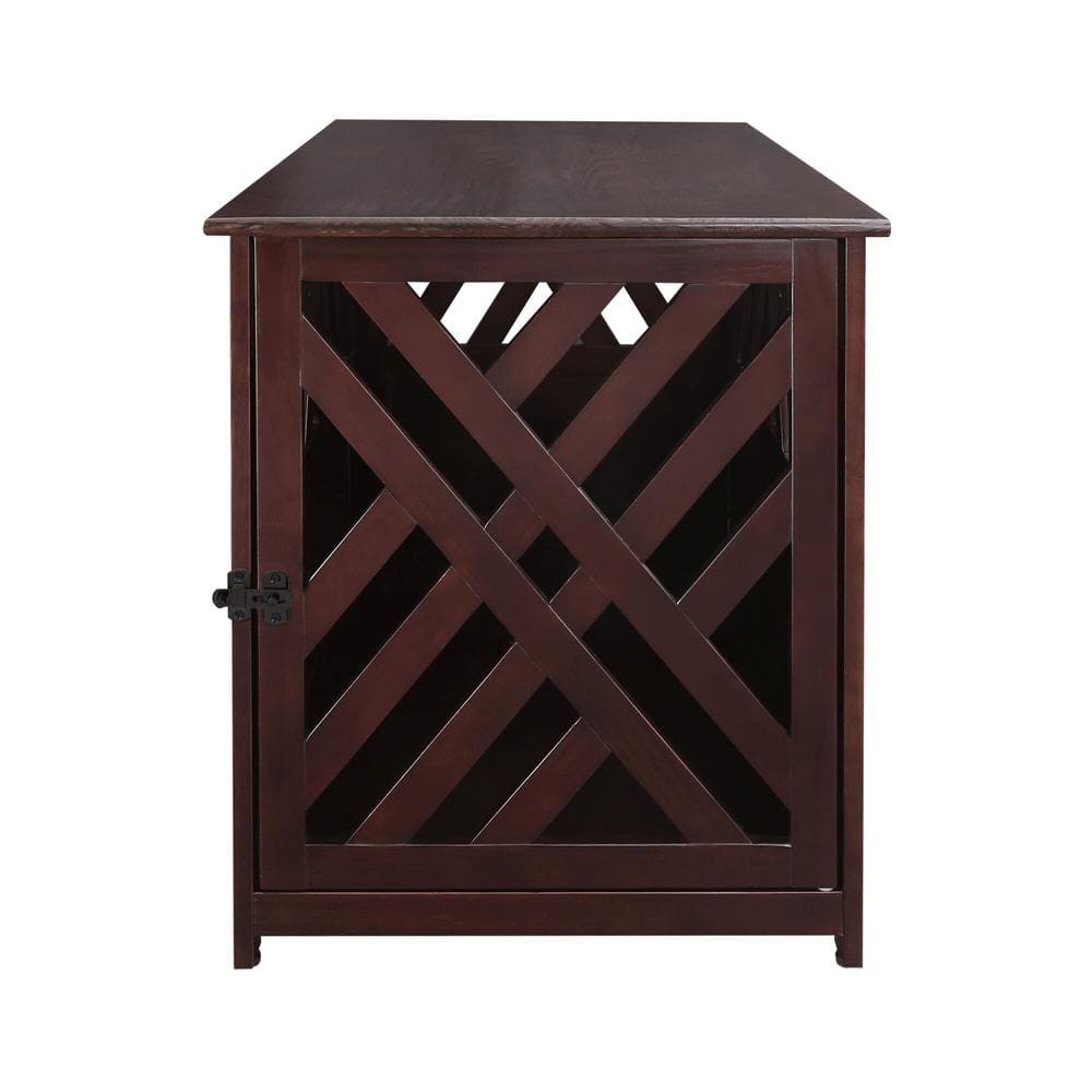 Espresso Pine Wood Lattice Pet Crate End Table