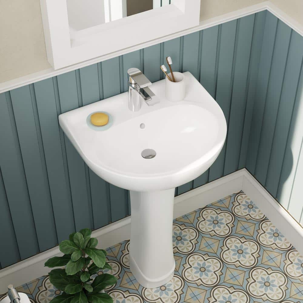White Ceramic U-Shaped Pedestal Bathroom Sink with Overflow