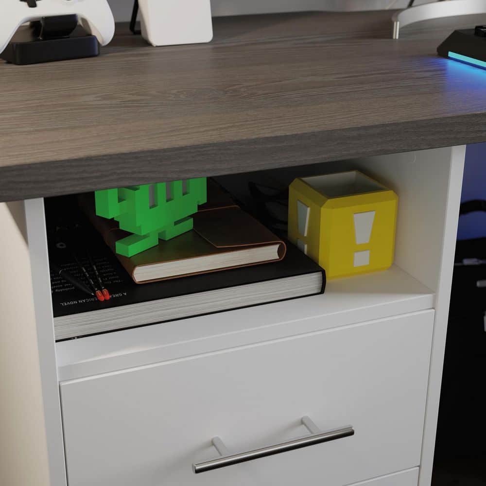 Versatile White Gaming Desk with Charcoal Ash Accents and Headphone Hook