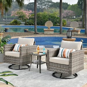 Marvel Gray 3-Piece Wicker Wide Arm Patio Conversation Set with Beige Cushions and Swivel Rocking Chairs