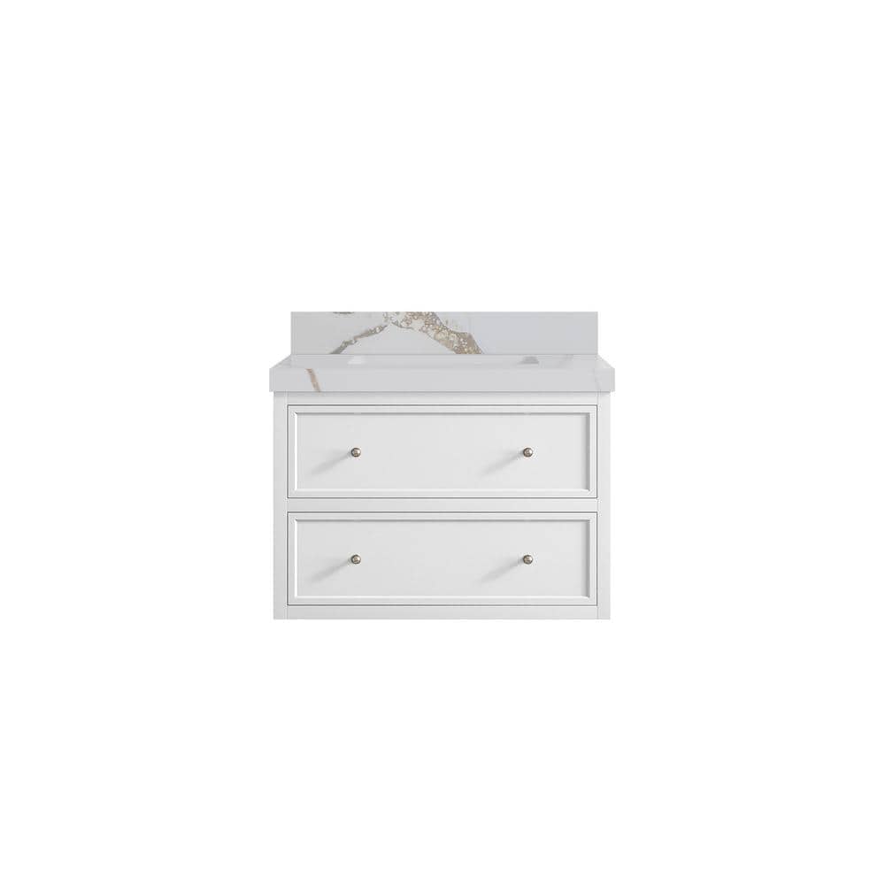 Roswell Floating 30 in. Single Sink Freestanding White Bath Vanity with Calacatta Gold Qt. Top Unassembled